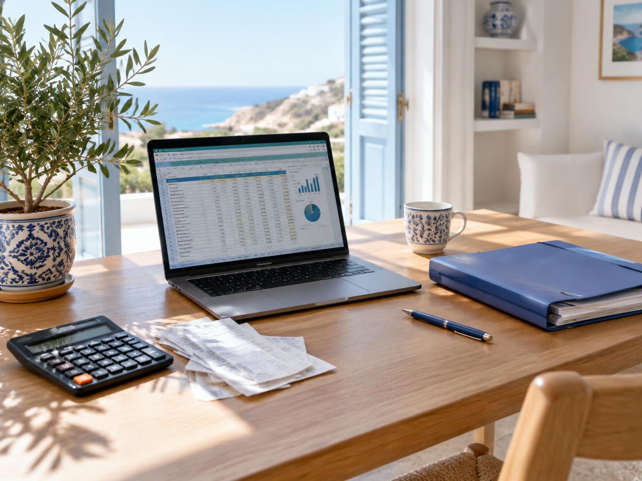 A tidy desk with a calculator, receipts, folder and laptop in a bright room overlooking the sea