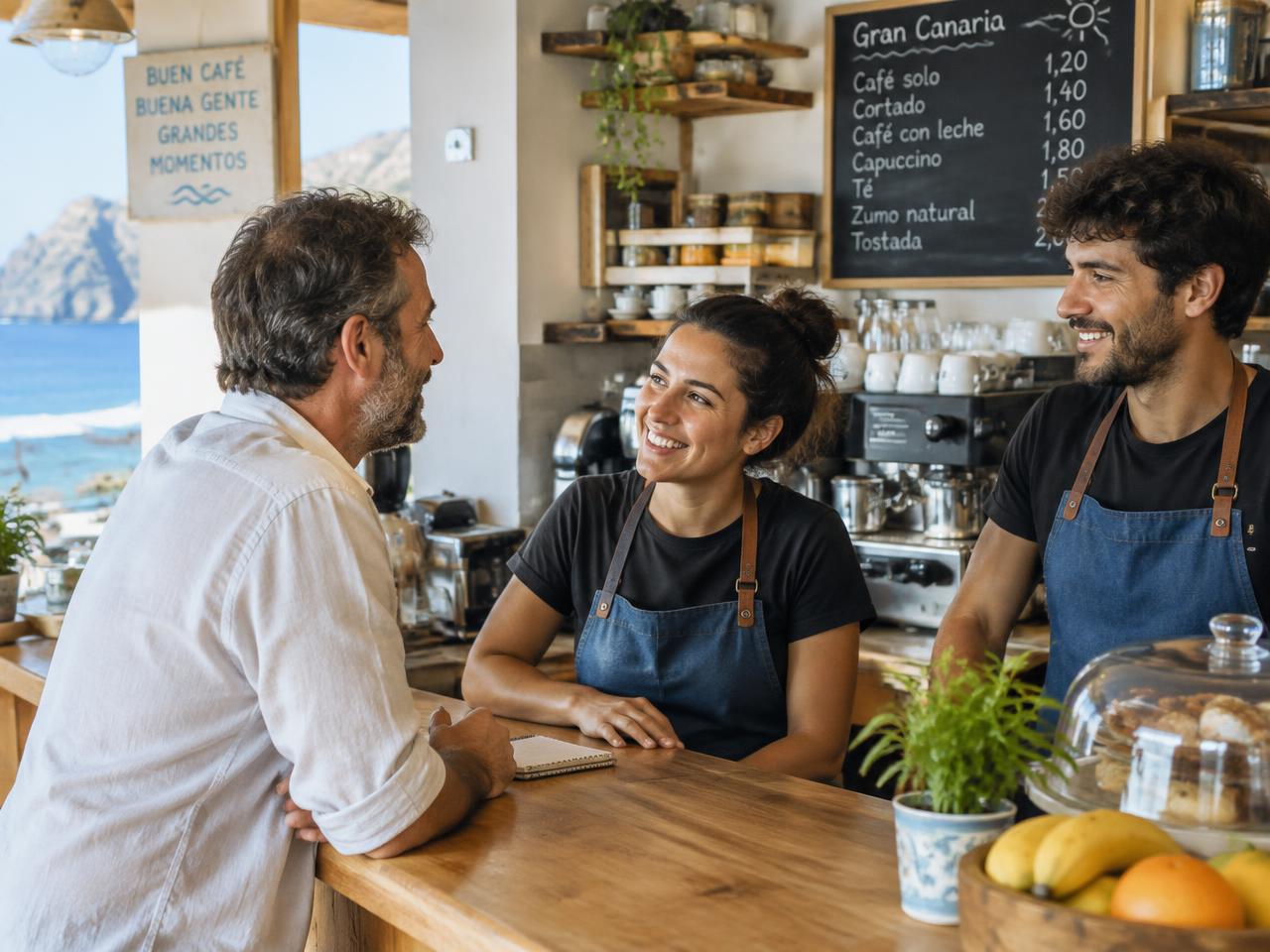 A small café owner in Gran Canaria talking with two members of staff at the counter