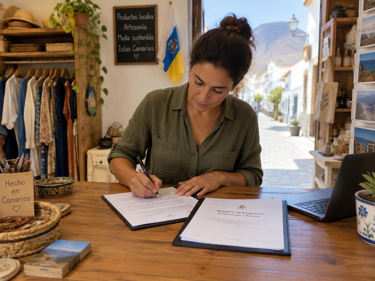 A small shop owner in a Canary Islands town completing business registration paperwork