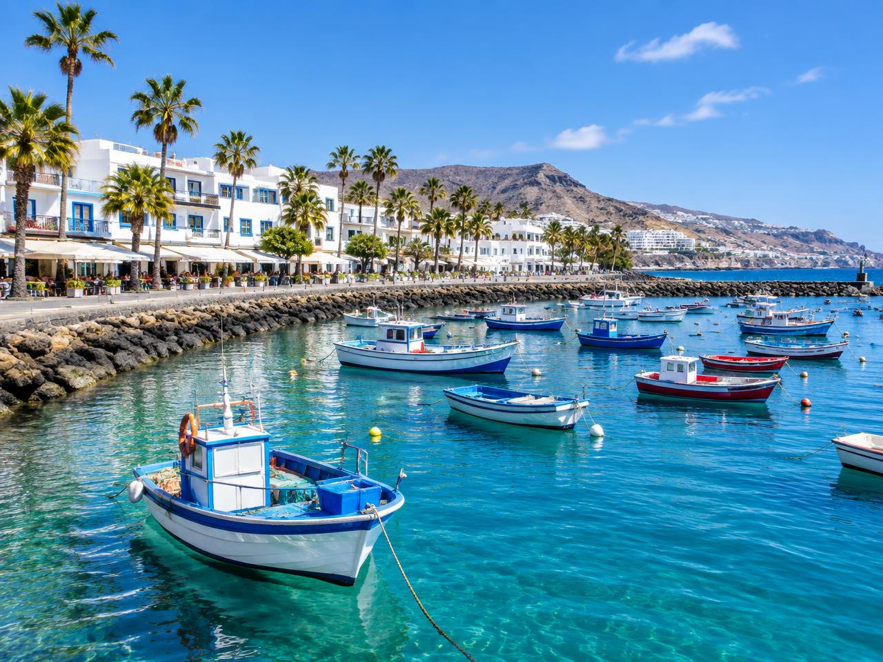 Arguineguín harbour in the south of Gran Canaria, with fishing boats, turquoise water and palm trees