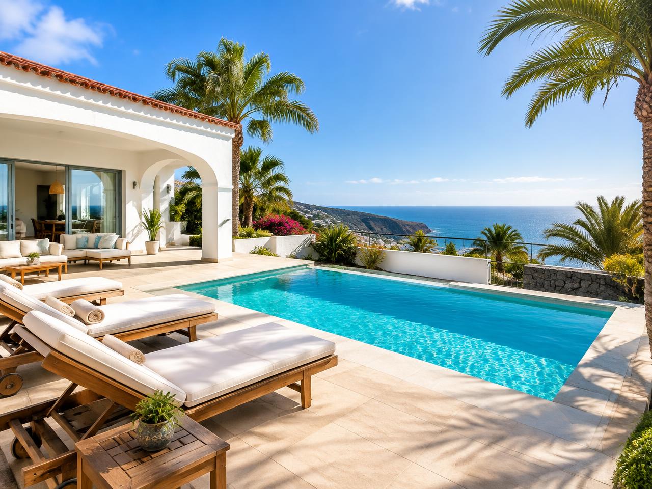 A white Gran Canaria holiday villa with a pool, sun loungers, palm trees and a sea view