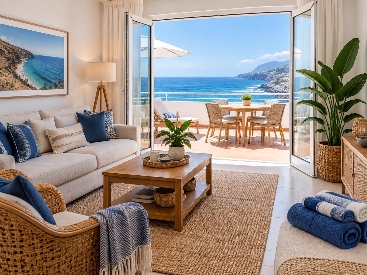 A bright holiday apartment living room opening onto a terrace overlooking the ocean in Gran Canaria