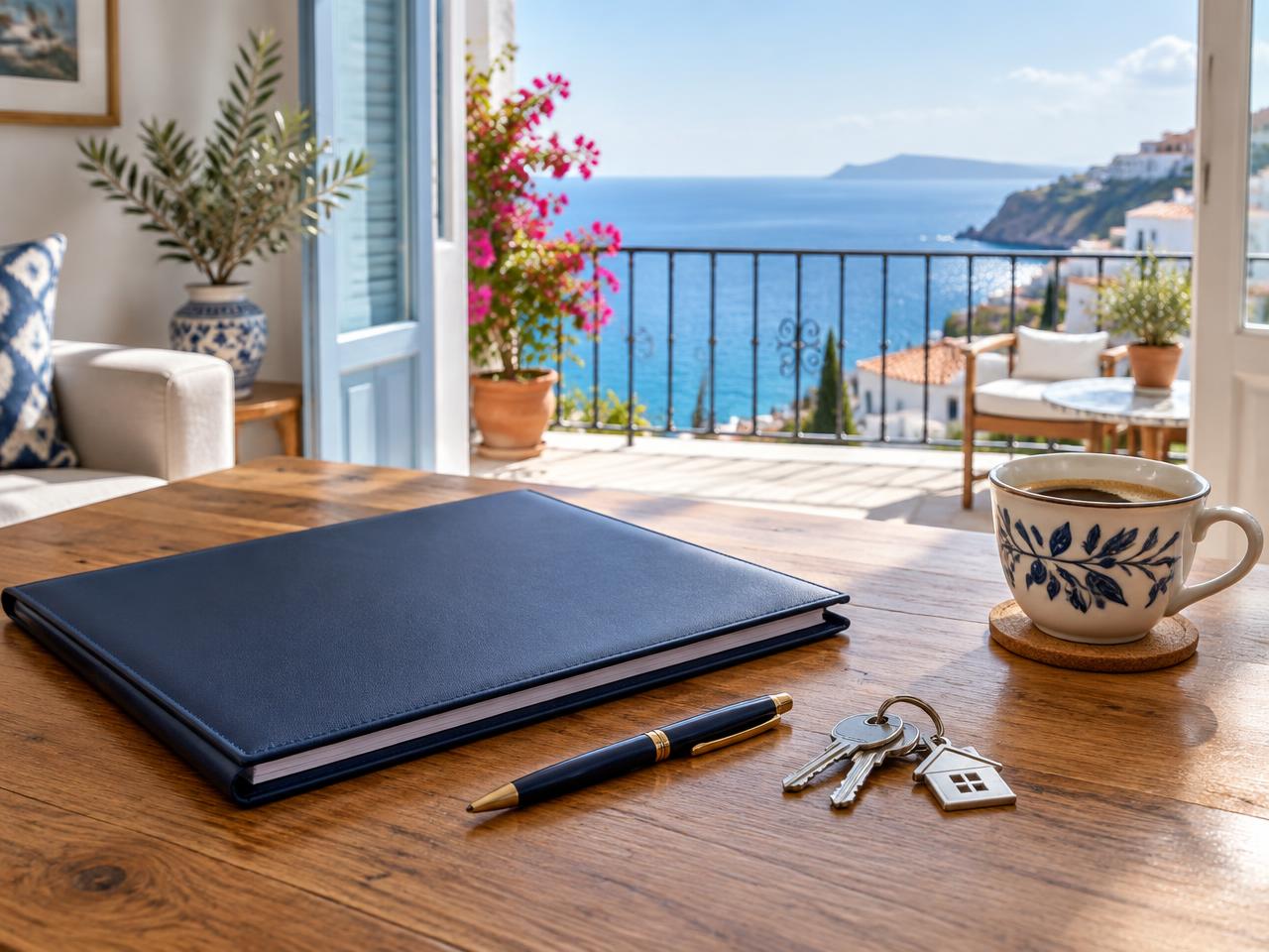 A closed paperwork folder, pen and house keys on a table in a bright apartment with a sea view
