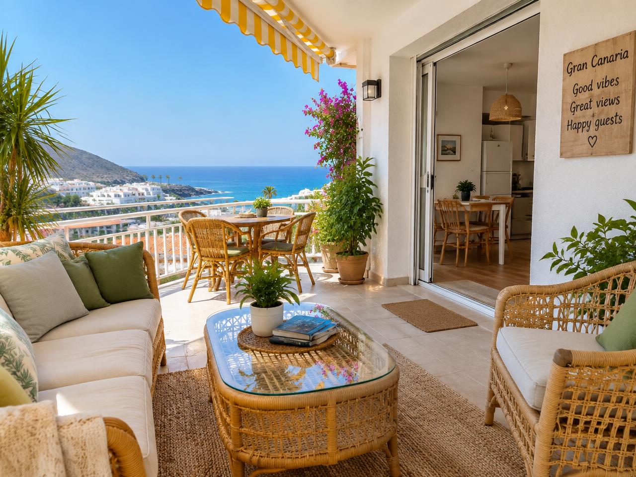 A sunny holiday-let terrace in Gran Canaria with rattan furniture and a sea view