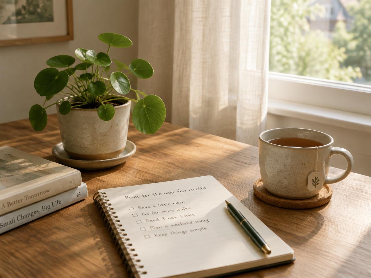A calm sunlit table with a plant, notebook and cup of tea, suggesting planning ahead
