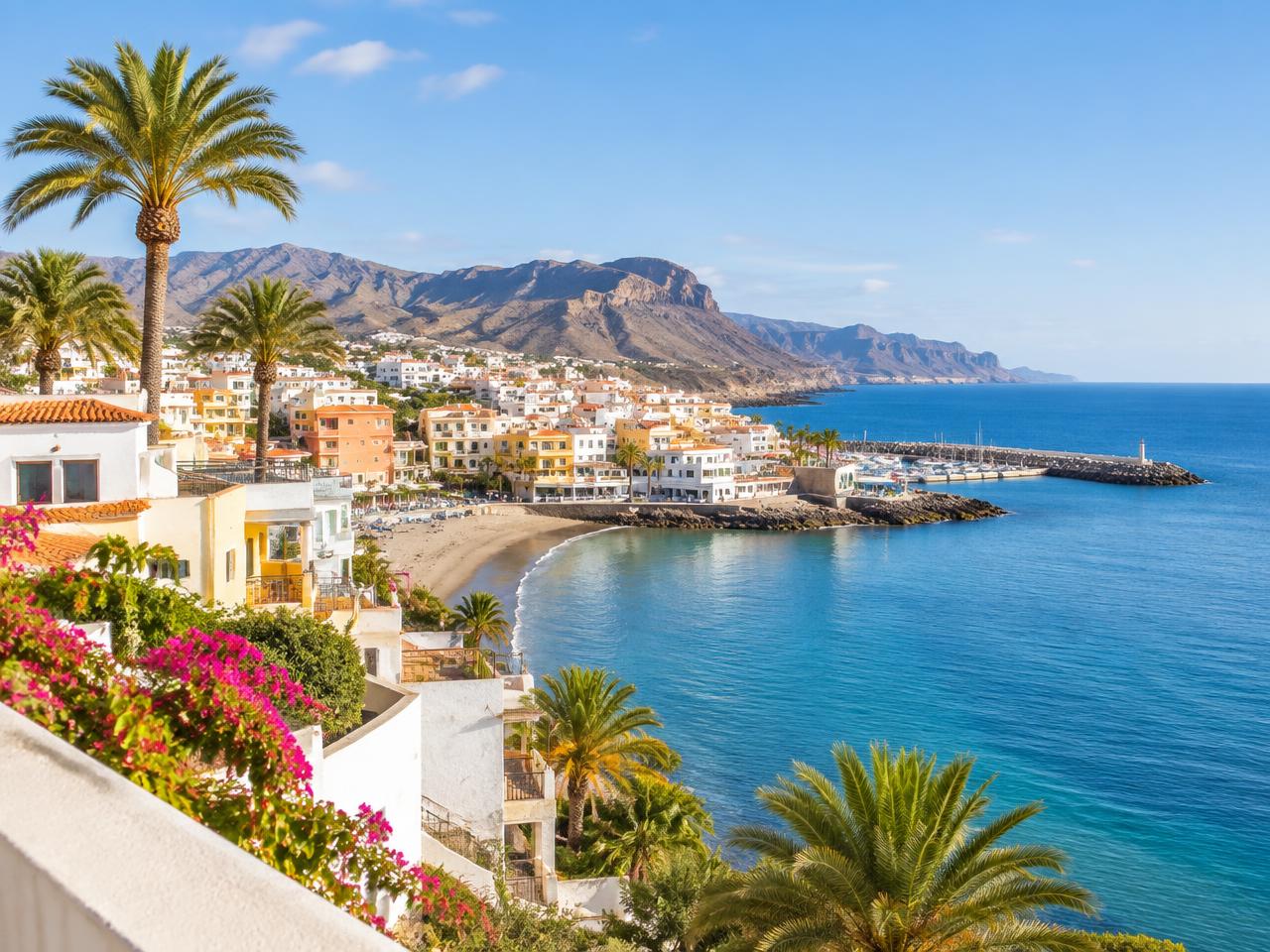 Coastal town in Gran Canaria with pastel buildings, palm trees and a blue bay