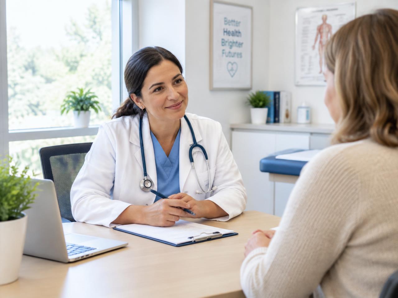 A doctor talking with a patient in a bright, welcoming consultation room