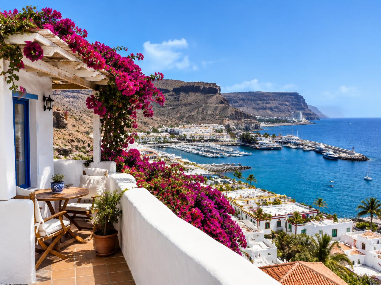 A white terrace with bougainvillea overlooking a harbour and bay in Gran Canaria