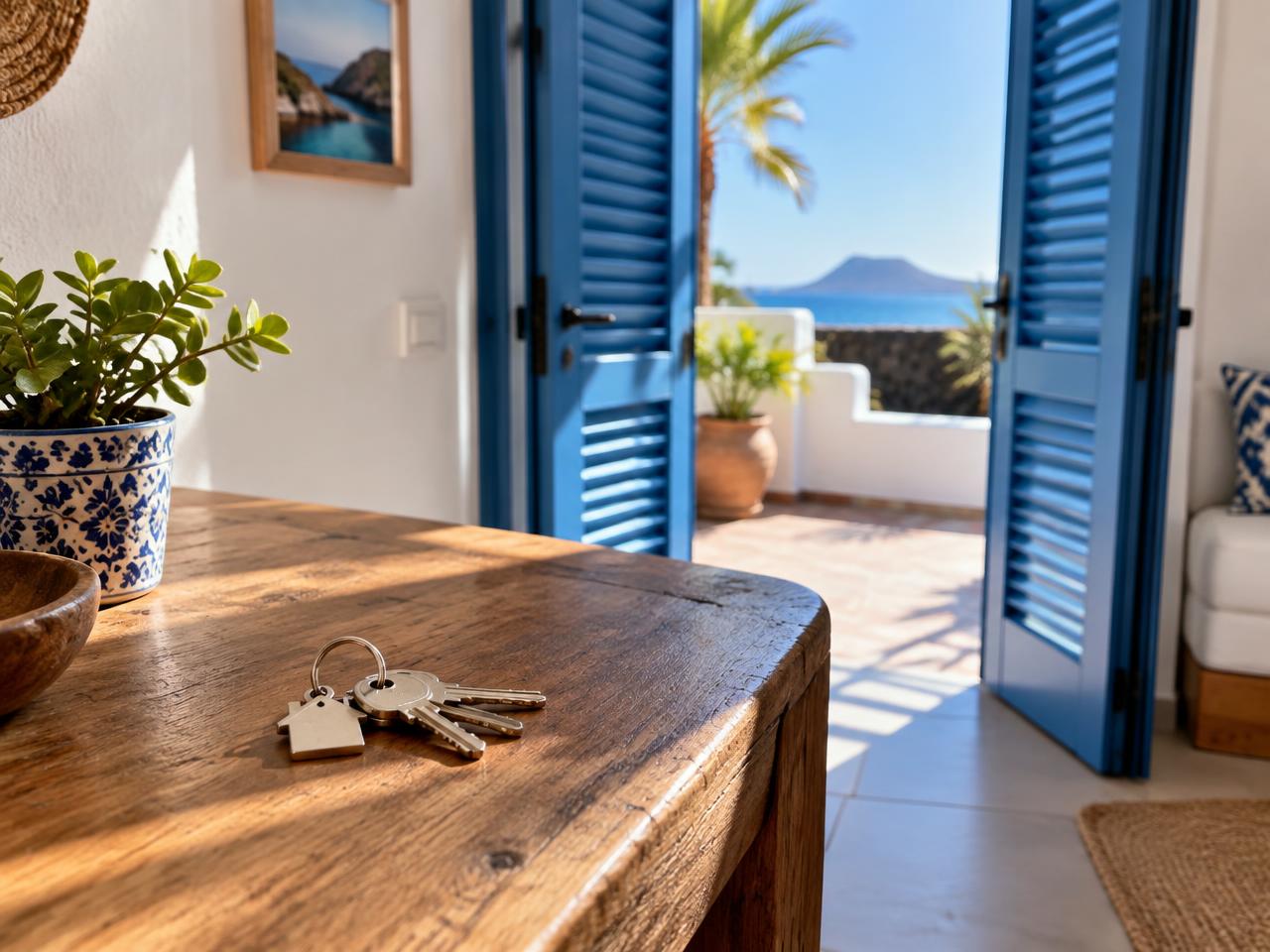 Property keys on a wooden table inside a sunny Canary Islands rental apartment