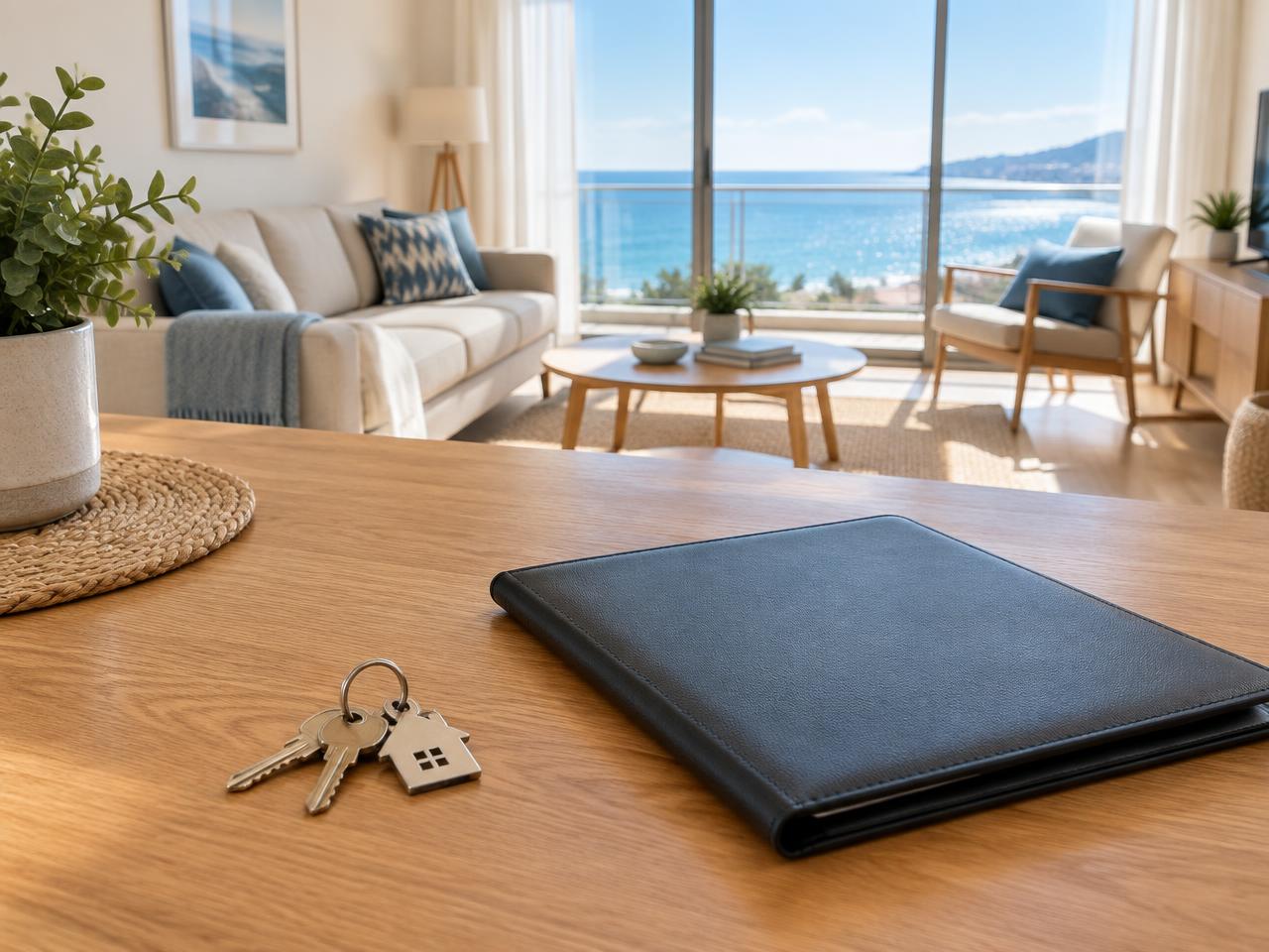 House keys and a closed document folder on a table in a bright apartment with a sea view