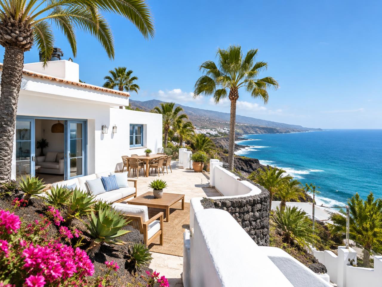 A white Gran Canaria villa with a sunny terrace, palm trees and a view of the Atlantic coastline