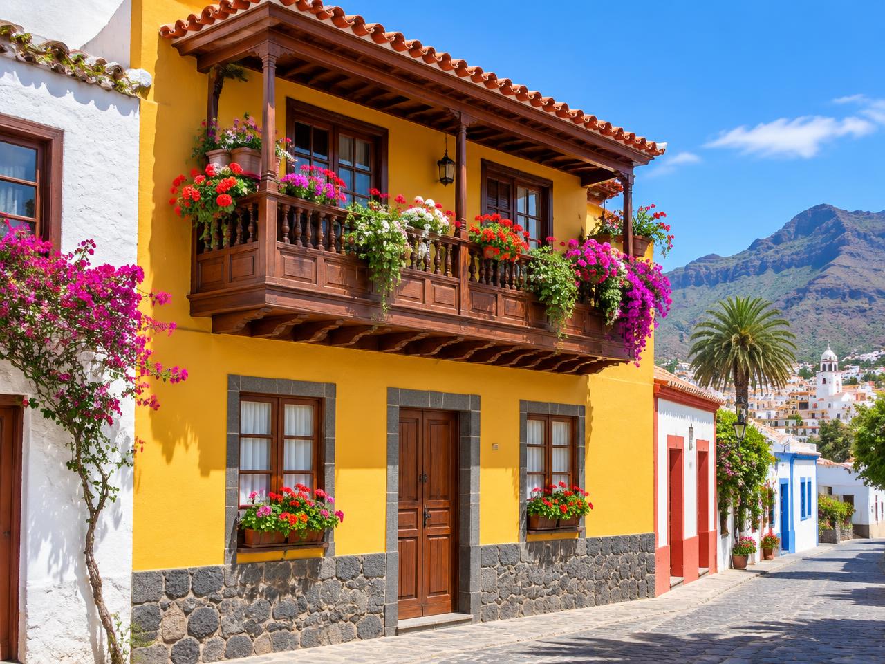A traditional yellow Canarian house with a wooden balcony and flowers on a sunny Gran Canaria street