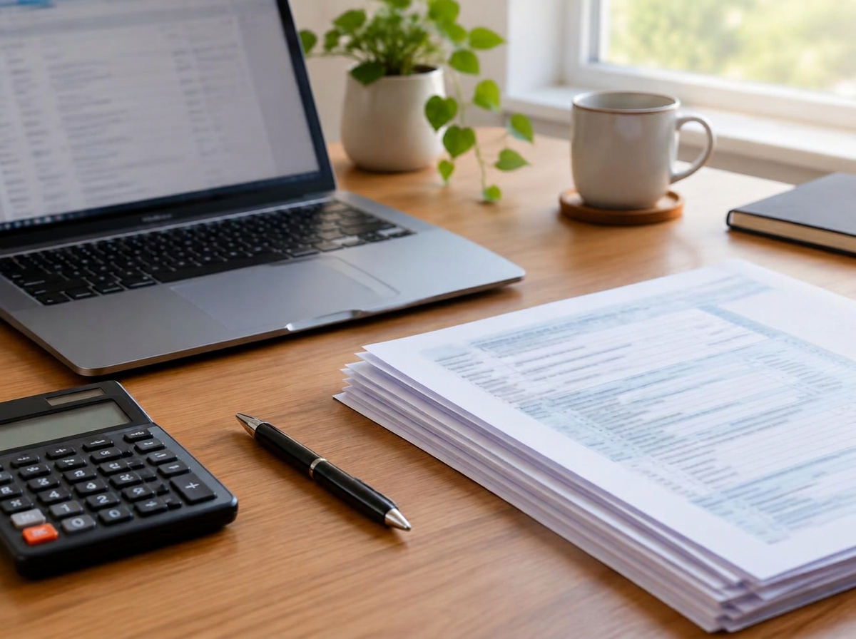 A tidy desk with a laptop, calculator and neatly stacked tax documents