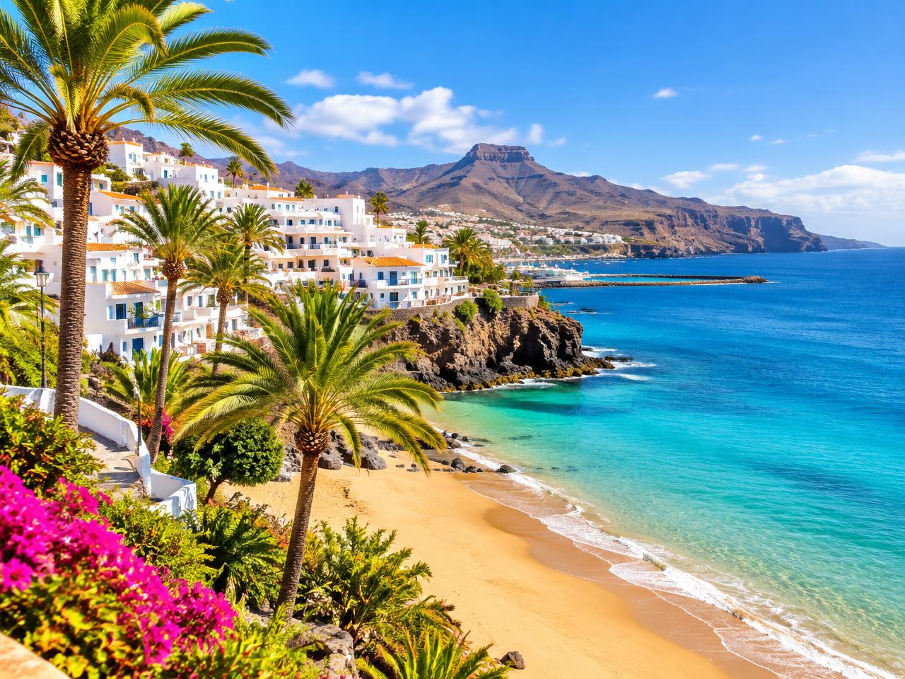 A sunny Gran Canaria coastline with a white village, palm trees and turquoise sea