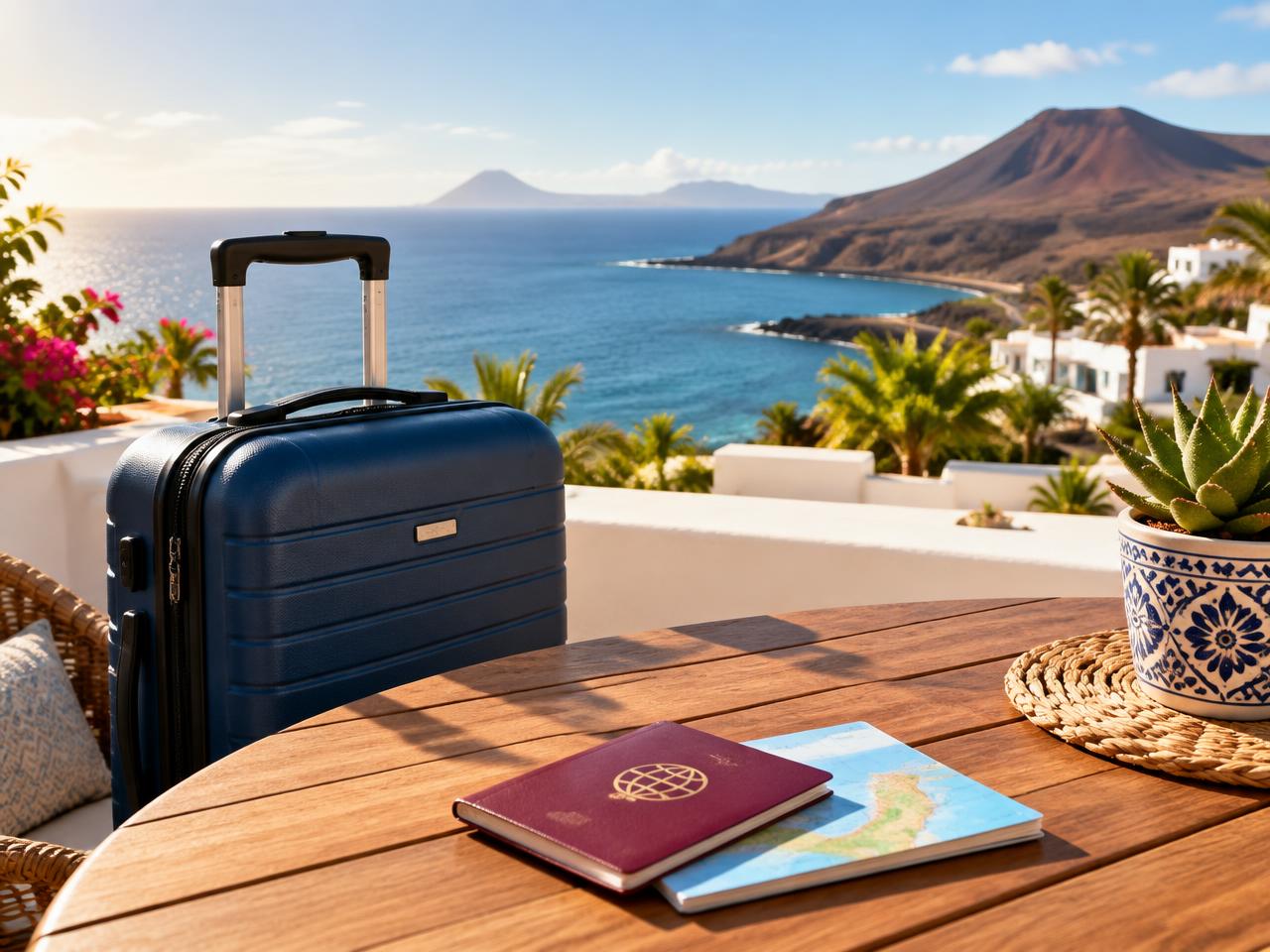 A suitcase and passport on a sunny terrace table overlooking the sea in the Canary Islands