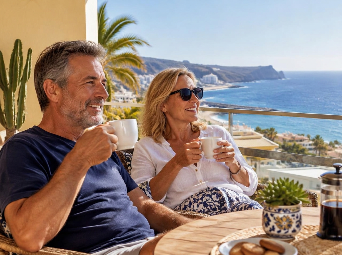 A couple enjoying coffee on a sunny balcony with a sea view in Gran Canaria