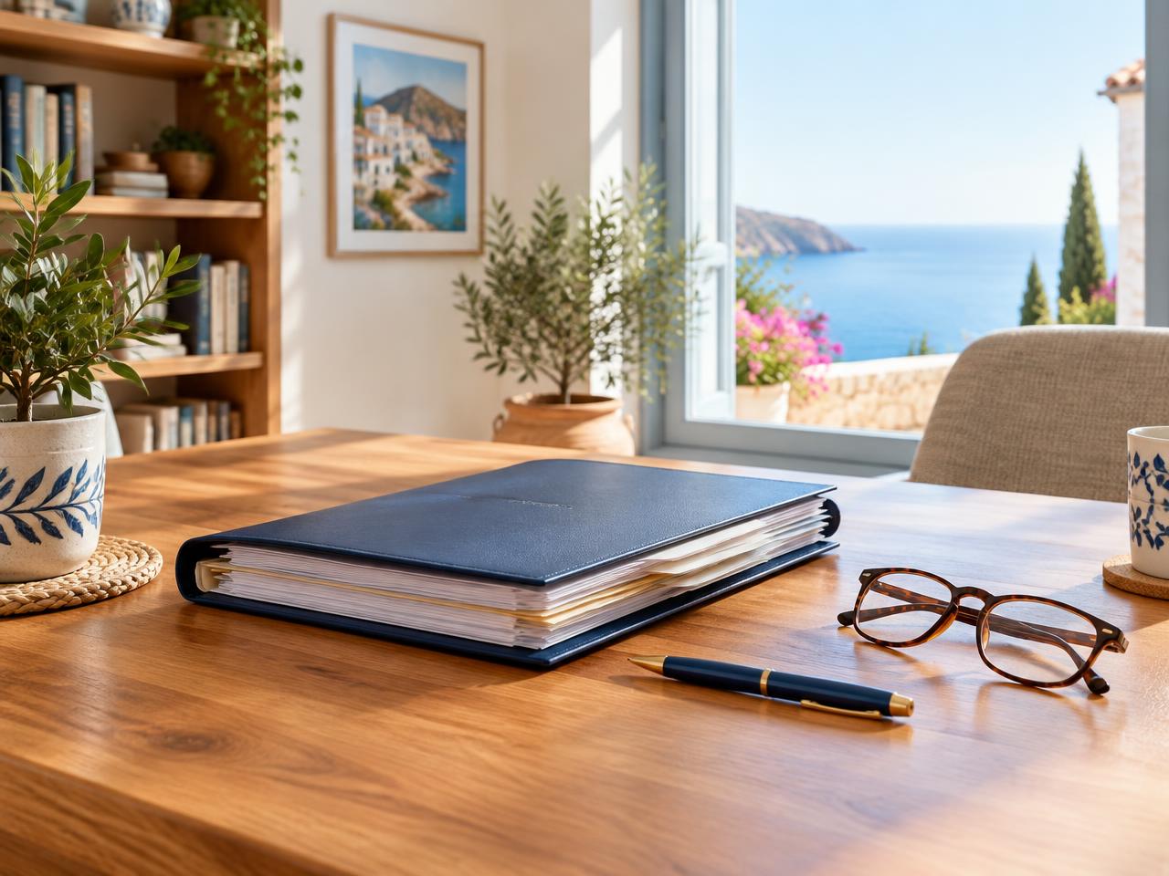 An organised folder of paperwork with a pen and glasses on a desk in a bright Mediterranean home